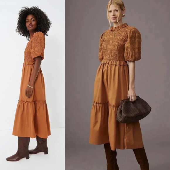 NWT Moon River Caramel Bubble Sleeve Smocked Midi Dress Puff Sleeve Size M - Picture 2 of 11